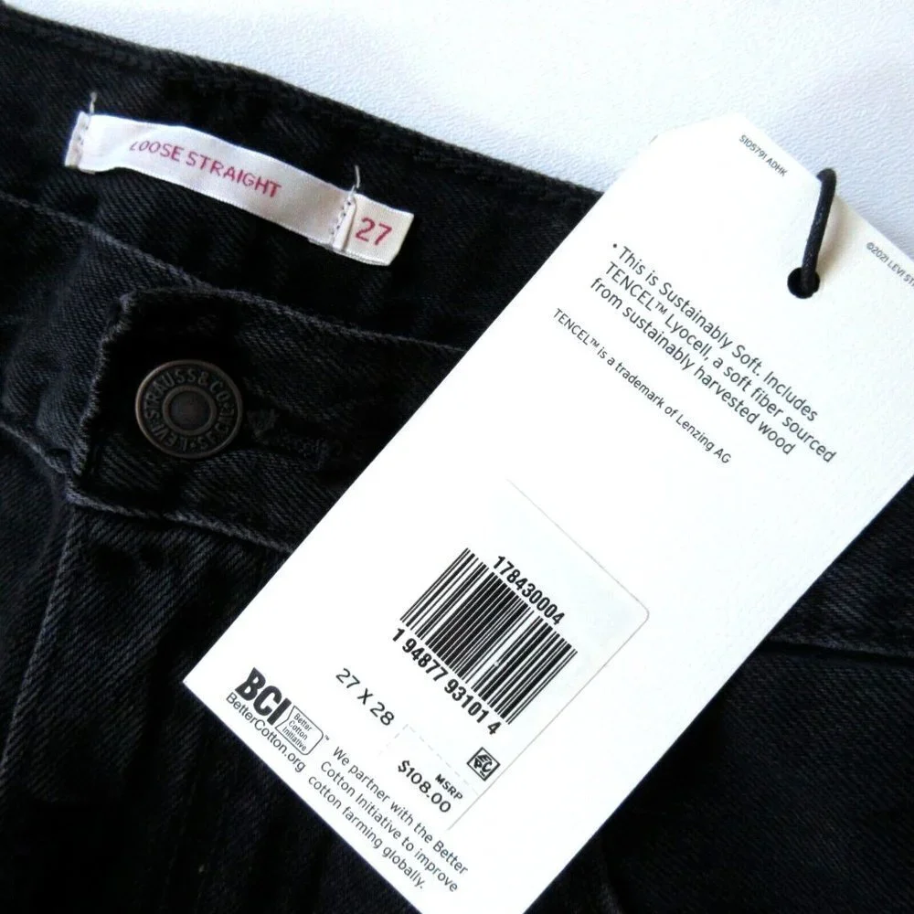NWT Levi's Loose Straight in Black Soul Tencel Cotton Jeans 27 x 28 $108